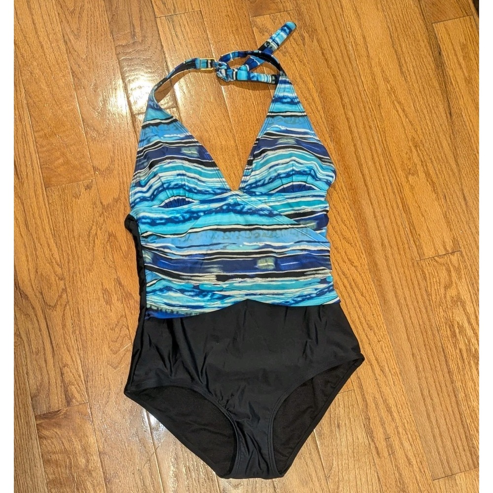 Your Best Look Blue Black One Piece Swimsuit Size 10 Halter Neck Tummy Control